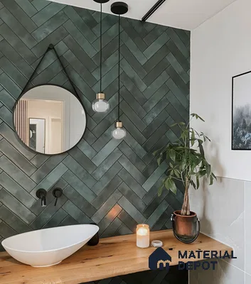 Emerald Elegance: A Modern Bathroom with Green Herringbone Tiles | Material Depot