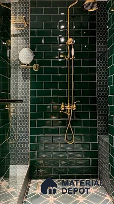 Bold Green Subway Tile Shower with Geometric Floor Accents | Material Depot