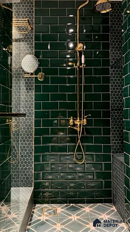 Bold Green Subway Tile Shower with Geometric Floor Accents | Material Depot
