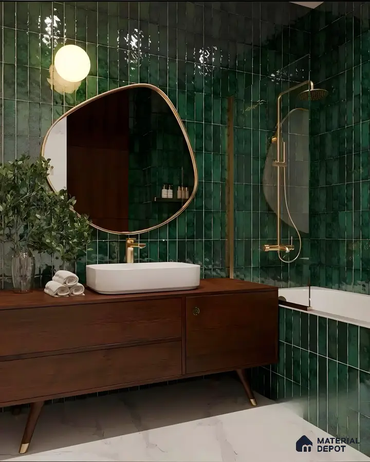 Emerald Elegance: Modern Bathroom with Gold Accents | Material Depot