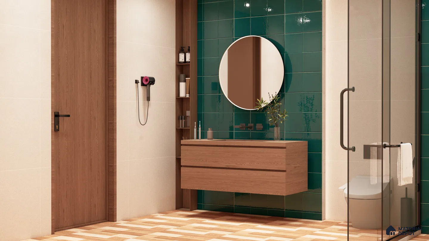 Emerald Gloss & Wood Harmony in a Modern Bathroom | Material Depot