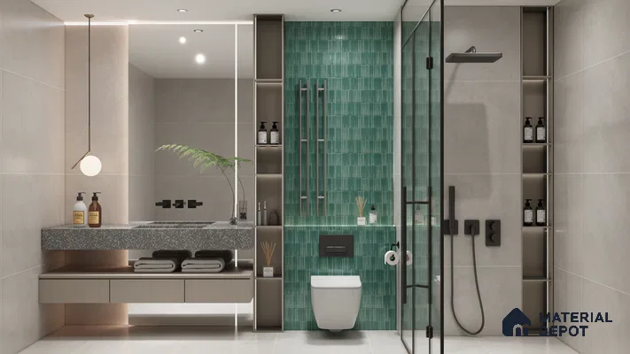 Bathroom with Teal Herringbone Tiles and Geometric Flooring | Material Depot