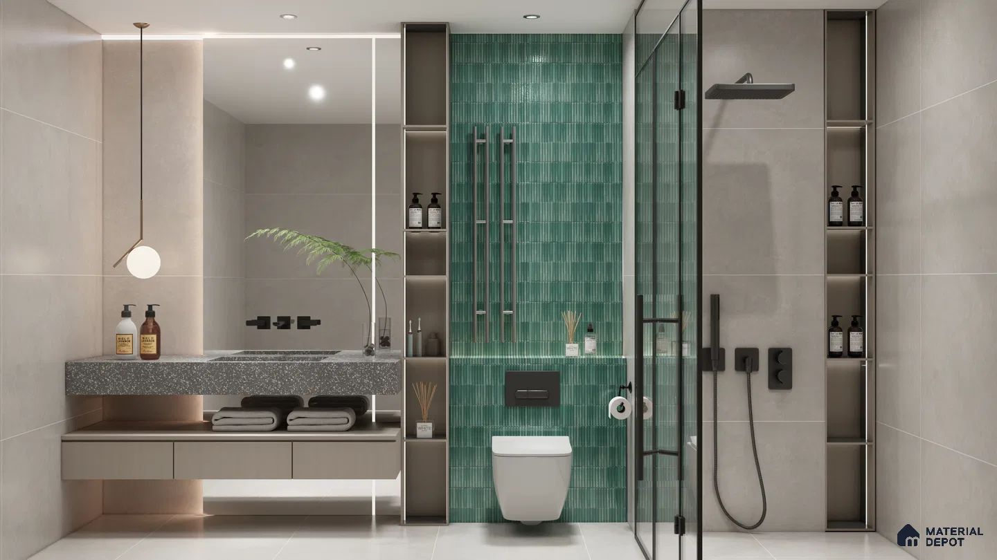 Bathroom with Teal Herringbone Tiles and Geometric Flooring | Material Depot