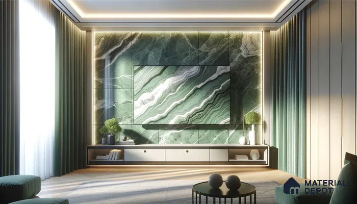 Emerald Marble Wall Feature in a Crisp Modern Living Space | Material Depot