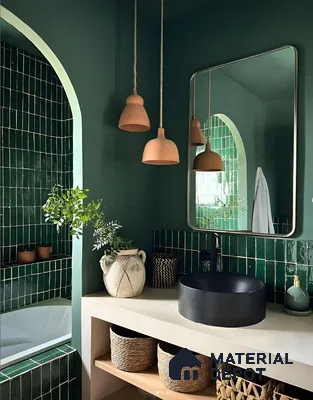 Emerald Oasis: Deep Green Tiles and Earthy Tones in a Botanical Bathroom Design | Material Depot