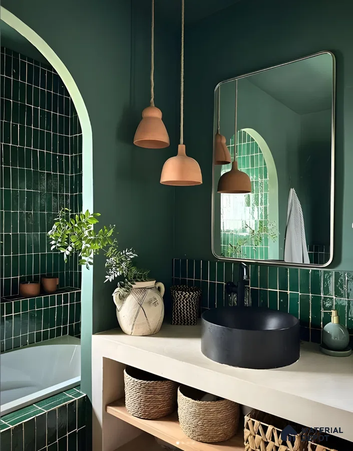 Emerald Oasis: Deep Green Tiles and Earthy Tones in a Botanical Bathroom Design | Material Depot