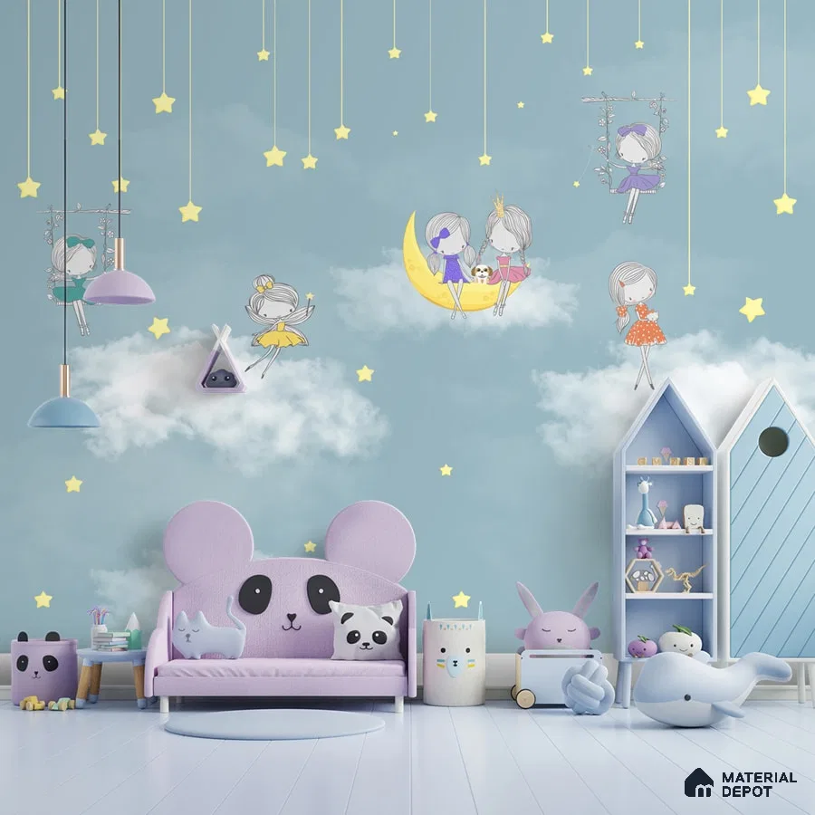 A close-up of a Cute Fairies Wallpaper for Girls Room Walls Sparkla N Shine Series Entertainment Design (Customised Size Wallpaper) with a finish available at Material Depot in Bangalore