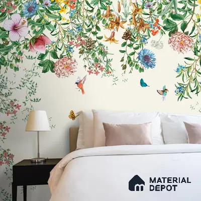 A close-up of a Unique Hanging Floral and Bird Wallpaper for Bedrooms Sparkla N Shine Series Florals Design (Customised Size Wallpaper) with a finish available at Material Depot in Bangalore