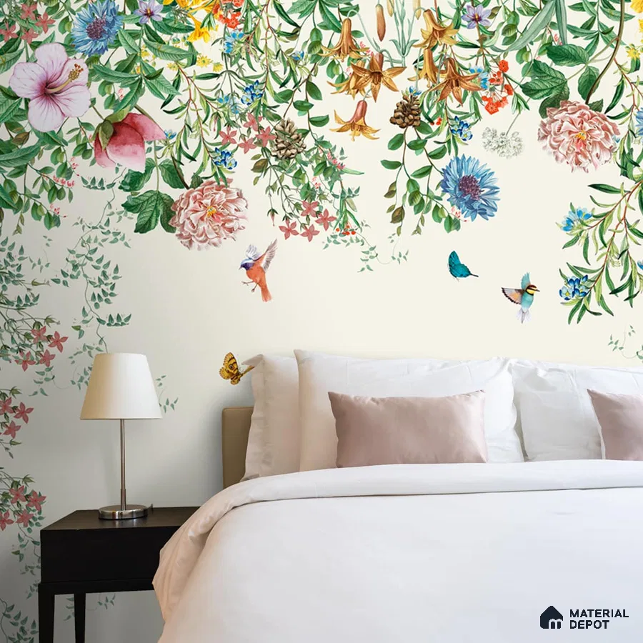 A close-up of a Unique Hanging Floral and Bird Wallpaper for Bedrooms Sparkla N Shine Series Florals Design (Customised Size Wallpaper) with a finish available at Material Depot in Bangalore