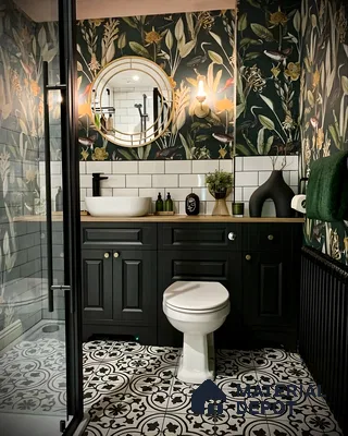 Enchanted Forest Themed Bathroom with Elegant Black Accents and Floral Wallpaper | Material Depot