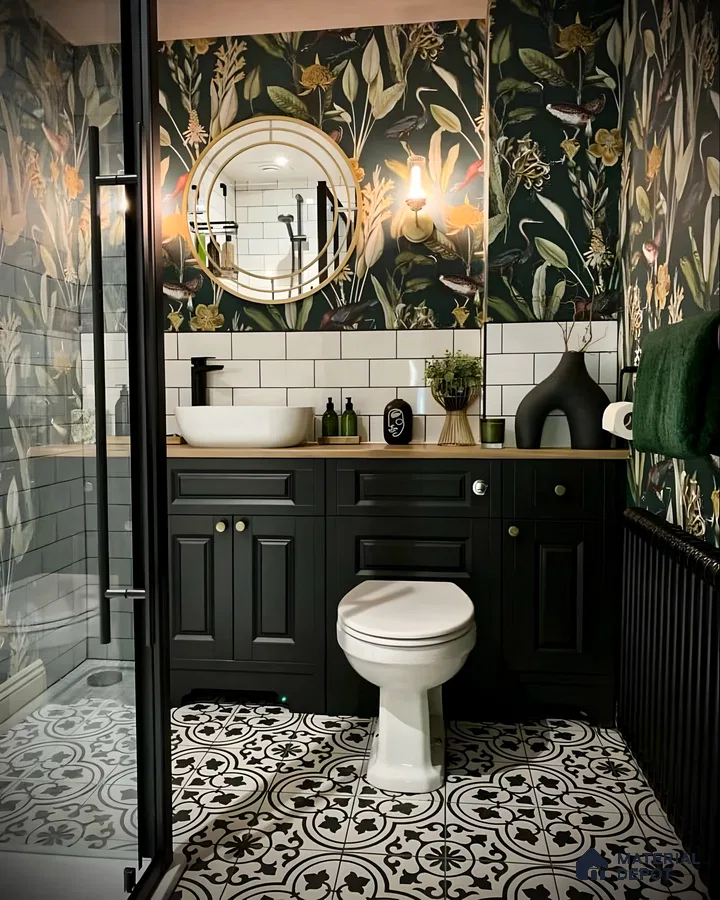 Enchanted Forest Themed Bathroom with Elegant Black Accents and Floral Wallpaper | Material Depot