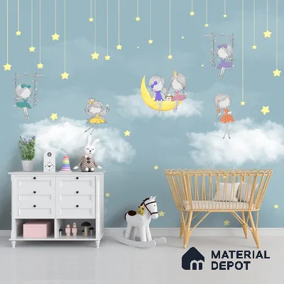 A close-up of a Cute Fairies Wallpaper for Girls Room Walls Sparkla N Shine Series Entertainment Design (Customised Size Wallpaper) with a finish available at Material Depot in Bangalore