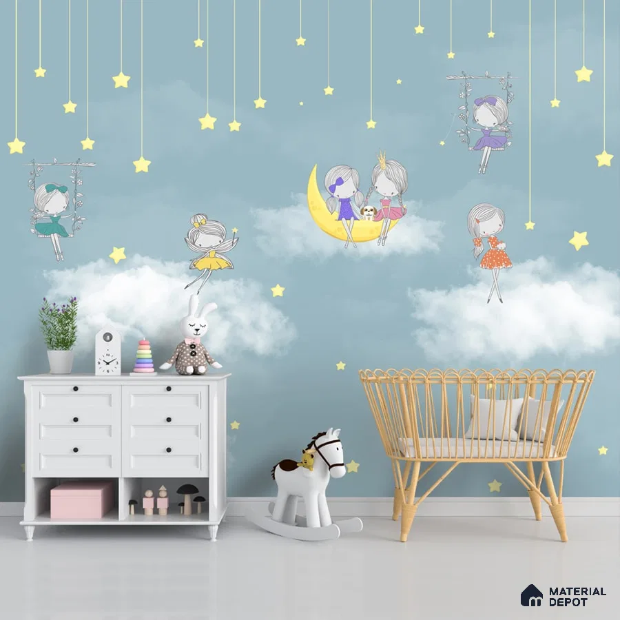 A close-up of a Cute Fairies Wallpaper for Girls Room Walls Sparkla N Shine Series Entertainment Design (Customised Size Wallpaper) with a finish available at Material Depot in Bangalore