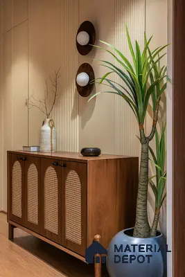 Entry Foyer with Cane-Front Console, Vertical Fluted Wall Panels & Sculptural Indoor Planter in Prestige Kensington Gardens Jalahalli | Material Depot