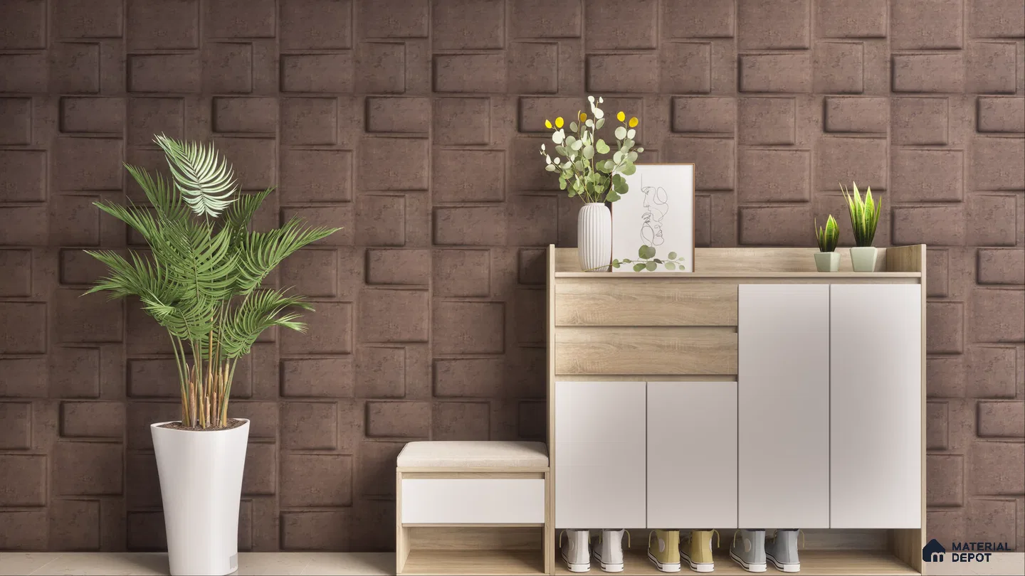 Entryway with 3D Wall Panels and Shoe Rack | Material Depot