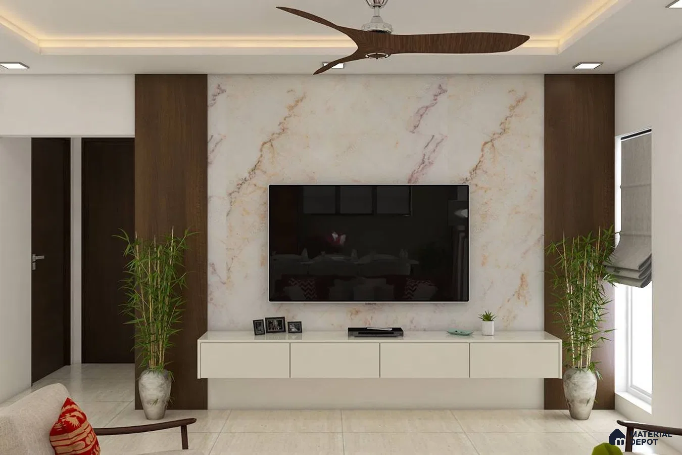 Frosty White TV Unit with Marble Backdrop