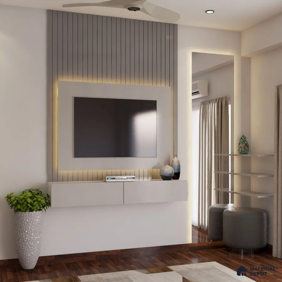Modern white TV unit with enchanting backlighting.