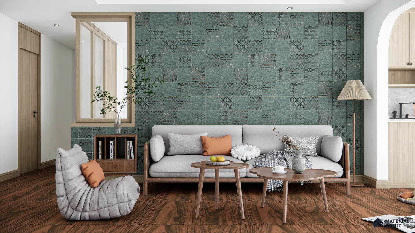 Ethnic Green Patchwork Wall Tiles for Cozy Living Spaces | Material Depot