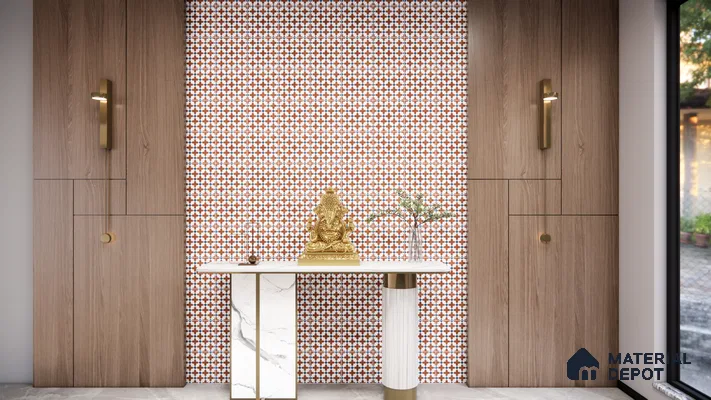 Ethnic Patterned Tile Backdrop for a Peaceful Pooja Unit | Material Depot