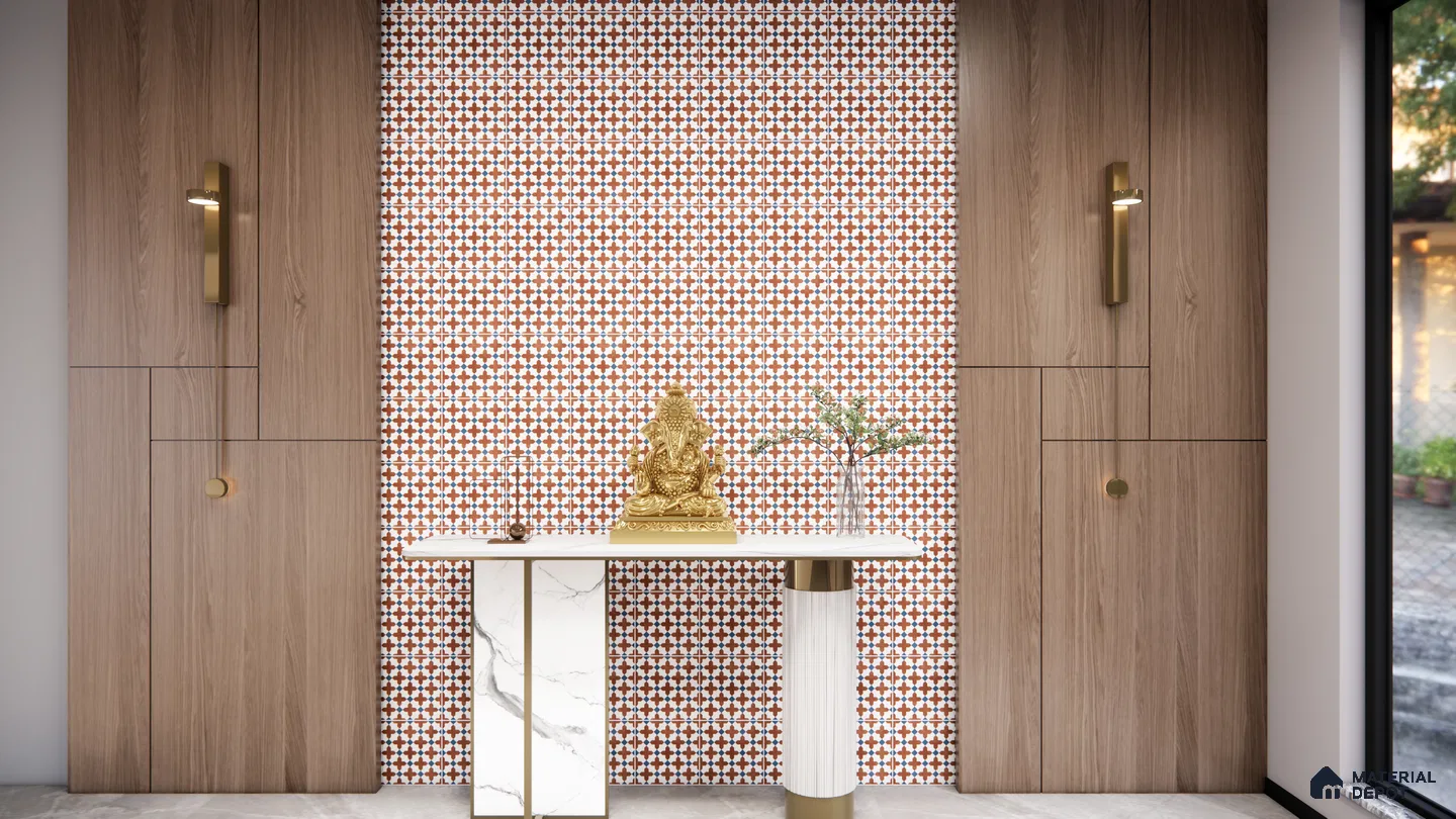 Ethnic Patterned Tile Backdrop for a Peaceful Pooja Unit | Material Depot