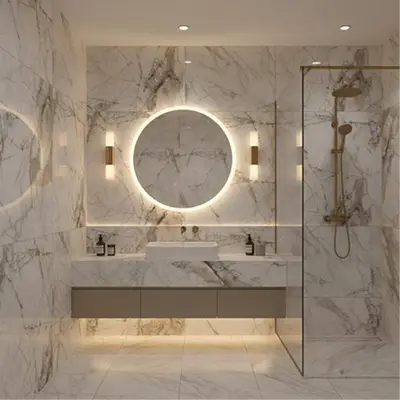 Marble-themed bathroom with elegant marble tiles and luxurious finishes.