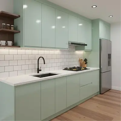 Pastel-colored kitchen with soft hues, creating a light and airy atmosphere.