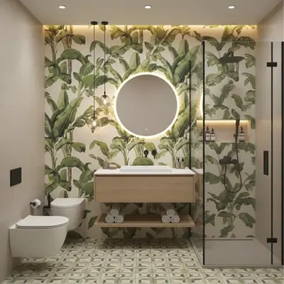 Tropical-themed bathroom with vibrant, nature-inspired patterns and lush greenery accents.