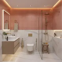 Marble-look tiles with elegant veining, creating a luxurious and sophisticated appearance.