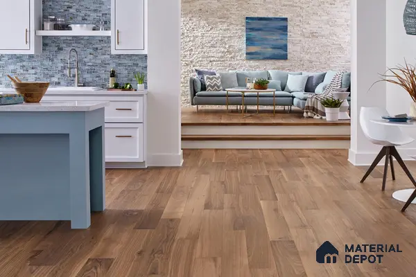Blue laminate and textured wallpaper with wooden floor