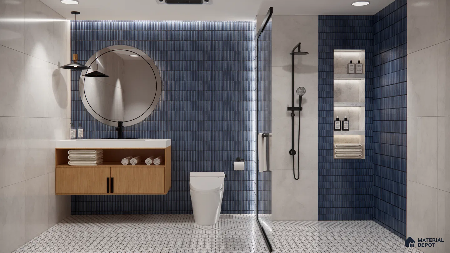 Contemporary Kitchen with Blue Geometric Backsplash and Glossy Cabinets | Material Depot