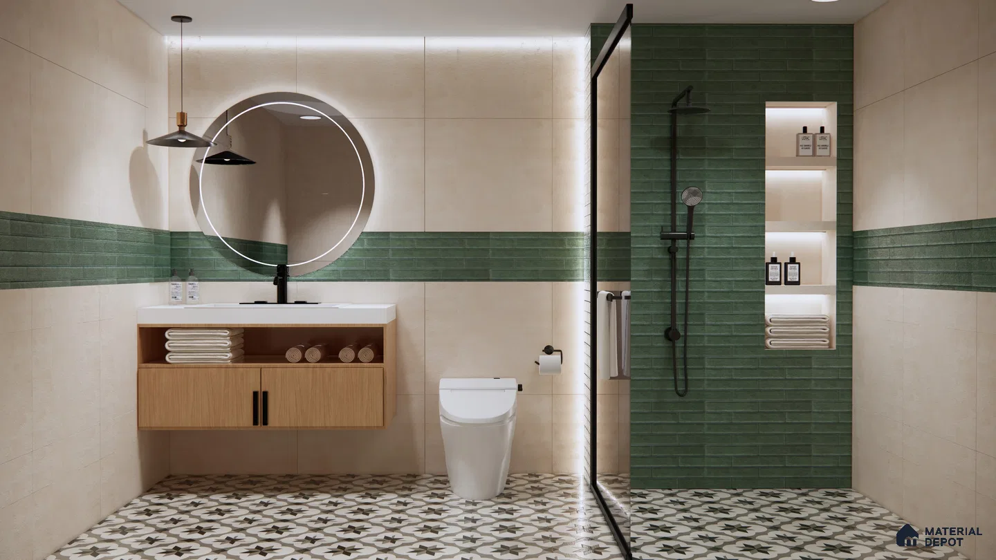 Bathroom with Green Subway Tiles and Vintage Patterned Flooring | Material Depot