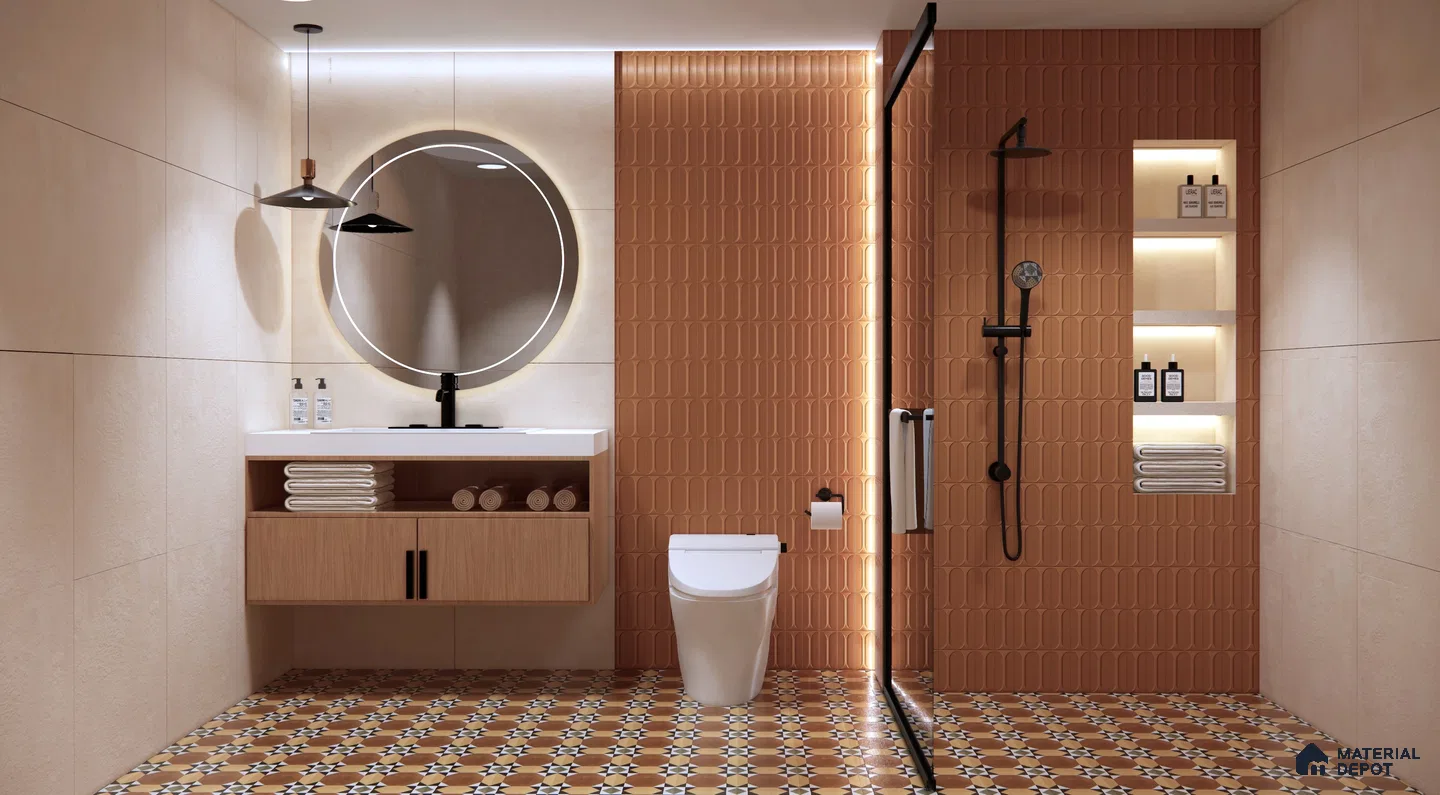 Warm Terracotta Bathroom with Patterned Flooring | Material Depot