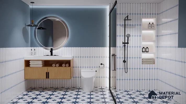 Blue and White Bathroom with Patterned Flooring and Sleek Accents | Material Depot