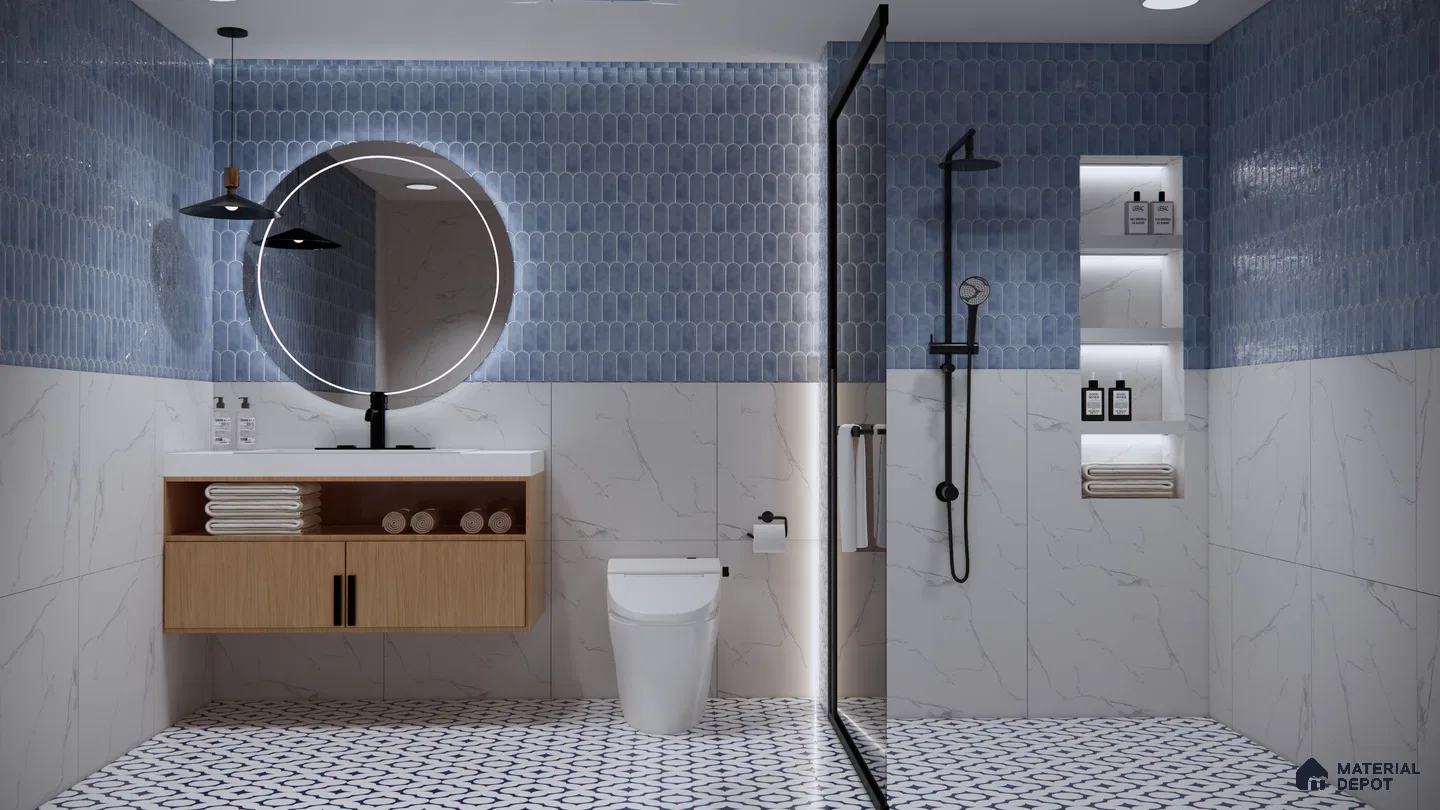 Modern Bathroom with Blue Scallop Tiles and Marble Accents | Material Depot