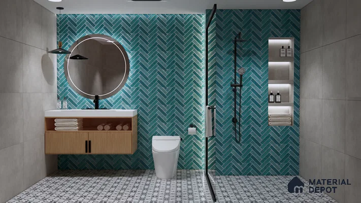 Elegant Bathroom with Bold Blue Subway Tiles and Subtle Geometric Flooring | Material Depot