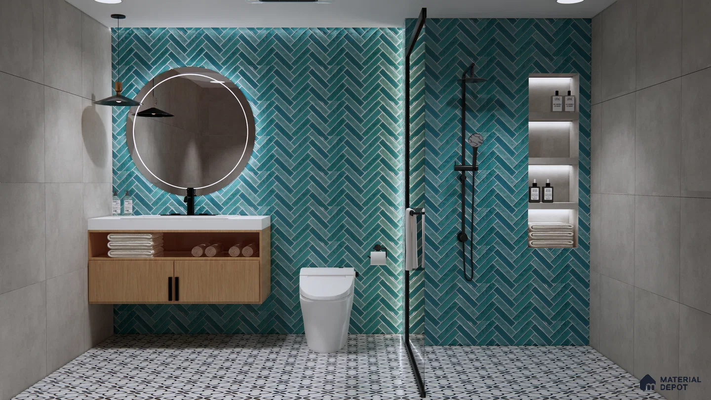 Elegant Bathroom with Bold Blue Subway Tiles and Subtle Geometric Flooring | Material Depot