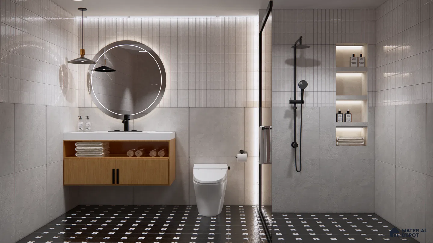 Minimalist Bathroom with Vertical Subway Tiles and a Warm Wooden Vanity | Material Depot