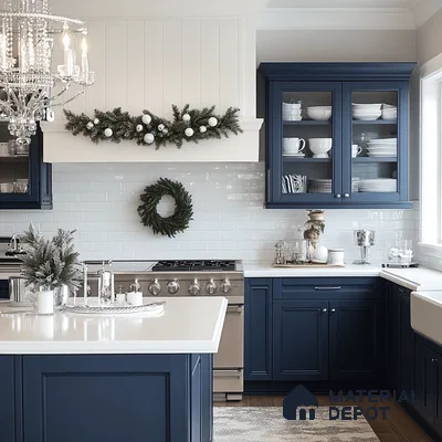 Festive Navy Blue Kitchen with White Subway Tiles and Seasonal Decor | Material Depot