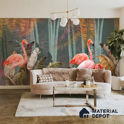 A close-up of a Pink Flamingos in Tropical Jungle Wallpaper for Rooms Indrani Series Soft Feel Tropical Design (Customised Size Wallpaper )available at Material Depot in Bangalore