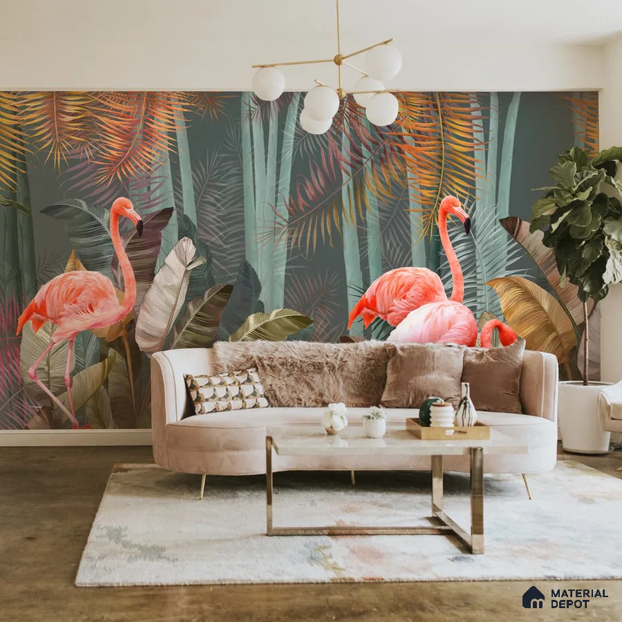 A close-up of a Pink Flamingos in Tropical Jungle Wallpaper for Rooms Indrani Series Soft Feel Tropical Design (Customised Size Wallpaper )available at Material Depot in Bangalore
