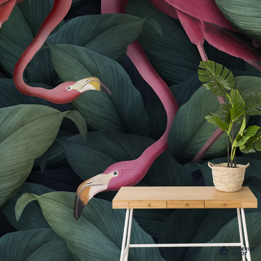 A close-up of a Flamingos in Tropical Theme Wallpaper, Customised Indrani Series Soft Feel Tropical Design (Customised Size Wallpaper )available at Material Depot in Bangalore