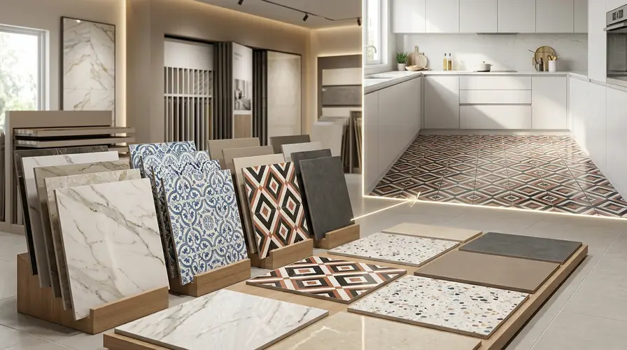 Image showing the materials sample of Floor Tiles in Hyderabad Store along with the mockup image of its application area