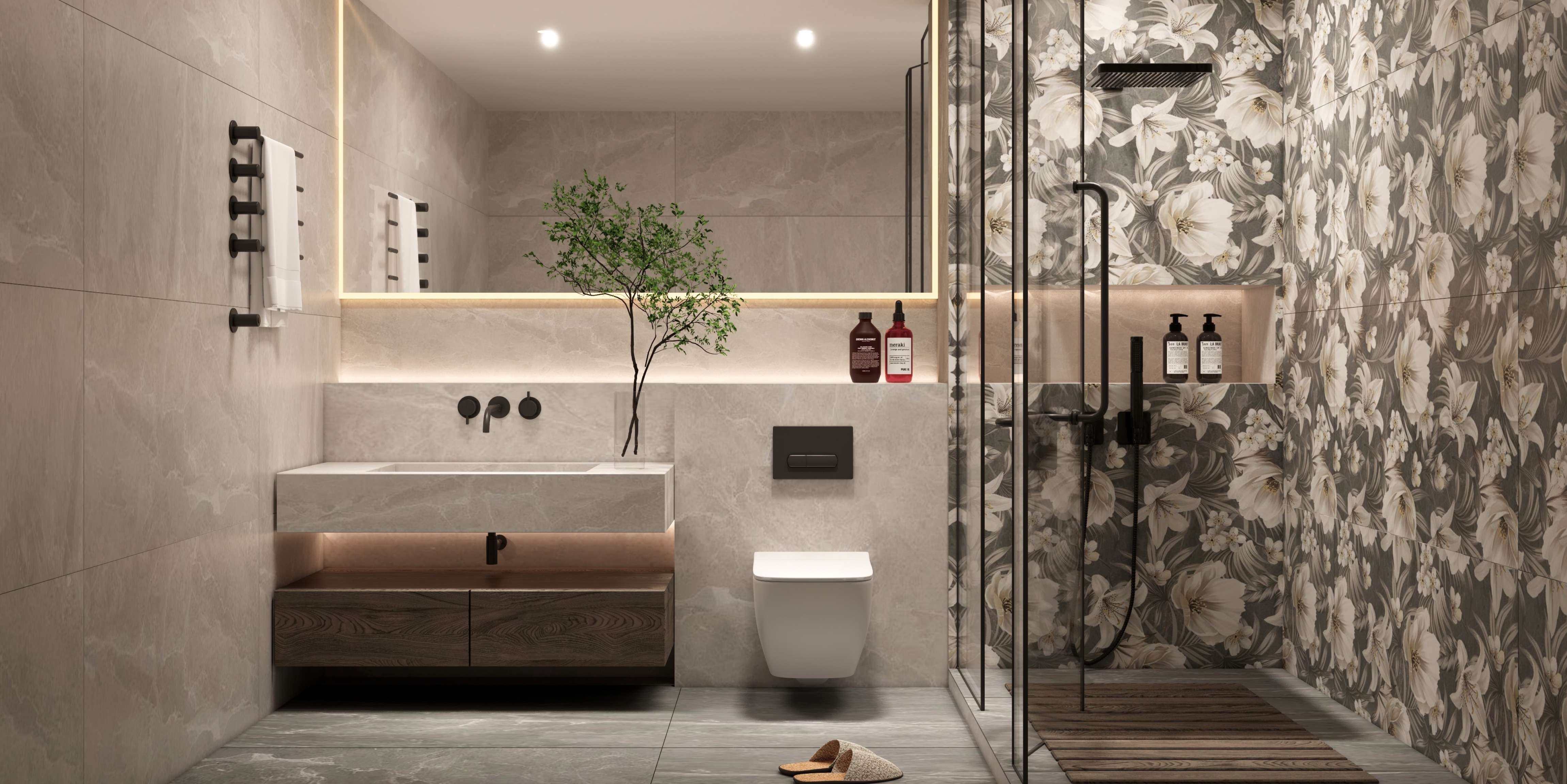 Floral Wall Tile TL 05509 B Lisburn Grey Decor 2 ft x 4 ft Vitrified Lush Plus Matte Finish - 9 mm | 4 Random Design | Suitable for Living Room, Bedroom, Bathroom, Kitchen