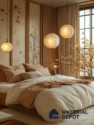 Floral Cane Serene and Modern Japanese Bedroom Design Prestige Park Grove Whitefield | Material Depot