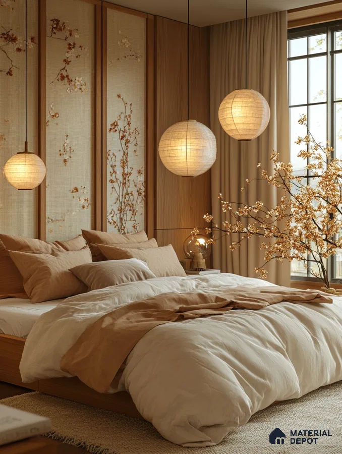 Floral Cane Serene and Modern Japanese Bedroom Design Prestige Park Grove Whitefield | Material Depot