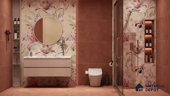 Floral Elegance: A Warm Terracotta Bathroom with Statement Wall Tiles | Material Depot