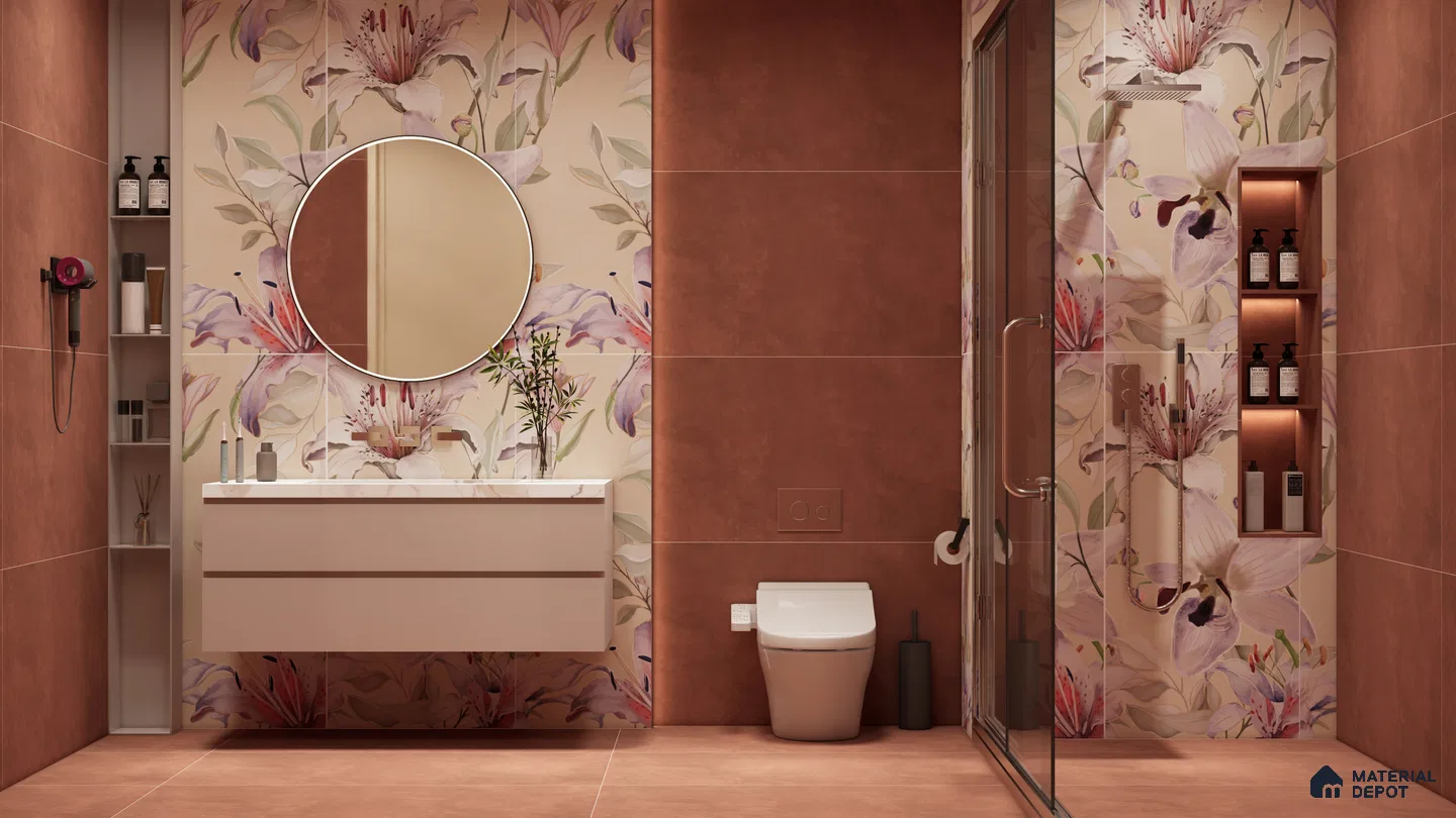 Floral Elegance: A Warm Terracotta Bathroom with Statement Wall Tiles | Material Depot