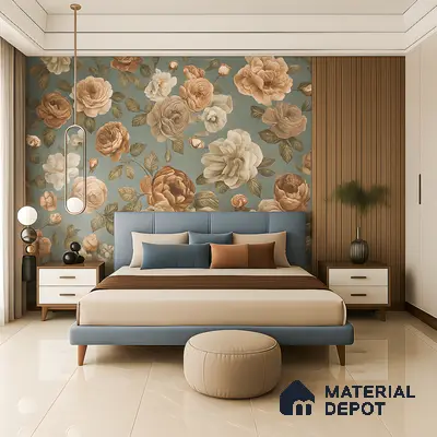 Floral Elegance Bedroom with Blue Upholstery and Wood Panel Accents in 3 BHK Sattva Aspire, Hennur | Material Depot