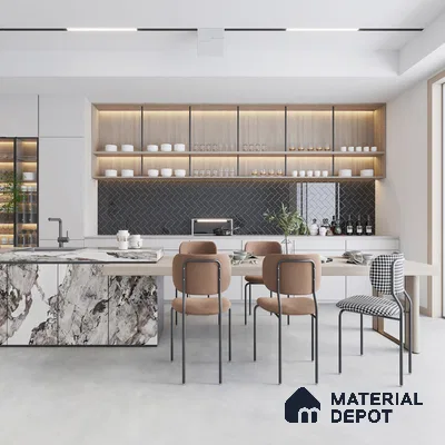 Floral Elegance Kitchen Textured White and Grey Accents | Material Depot