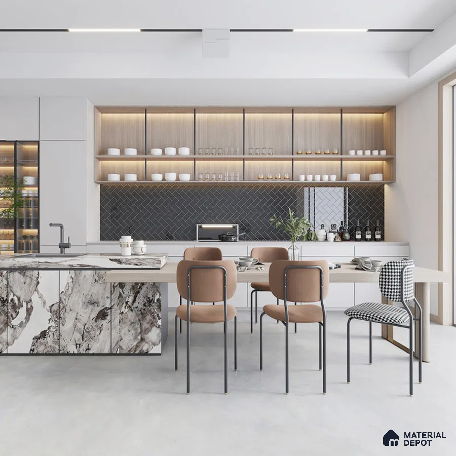 Floral Elegance Kitchen Textured White and Grey Accents | Material Depot